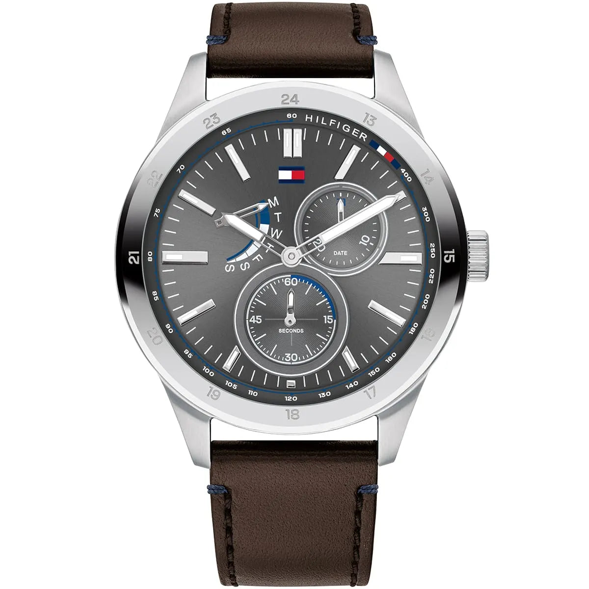 Tommy Hilfiger Austin 1791637 men's watch silver case dark brown leather strap grey dial