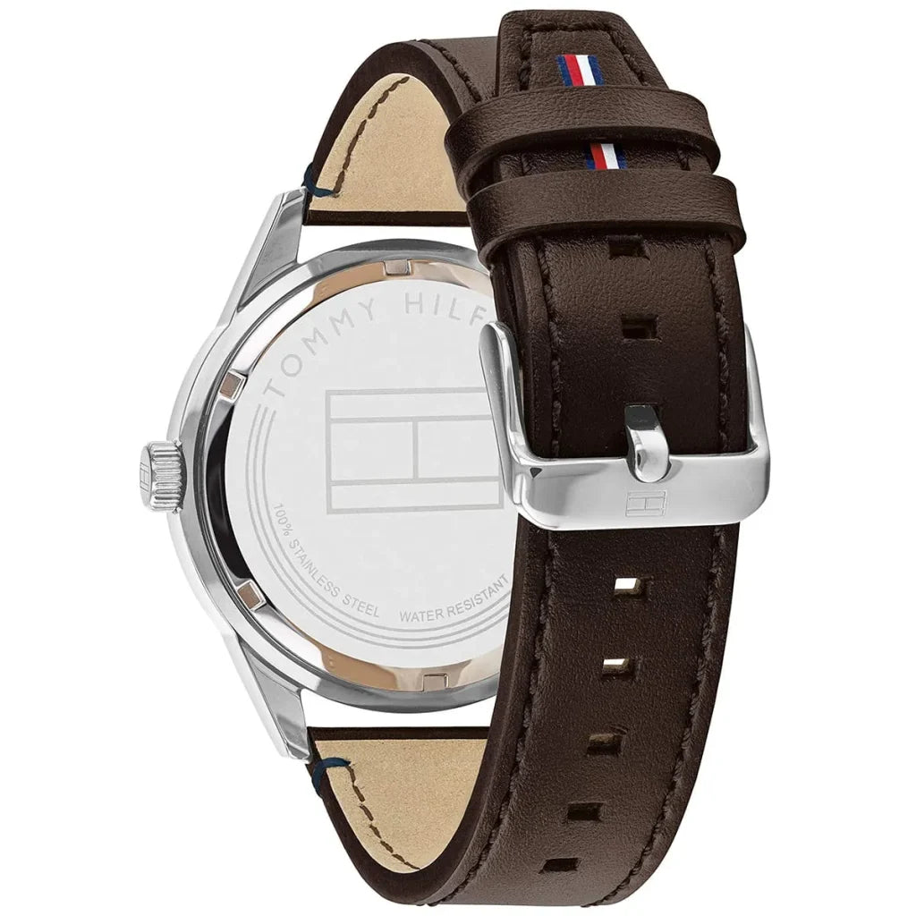Profile view of Tommy Hilfiger Austin showing case thickness and dark brown leather strap