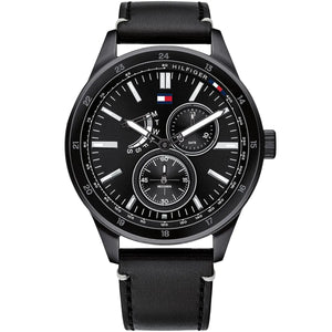 Tommy Hilfiger Austin 1791638 men's watch black case black leather strap black dial