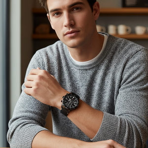 Man wearing bold Tommy Hilfiger Austin 1791638 all-black watch with leather strap