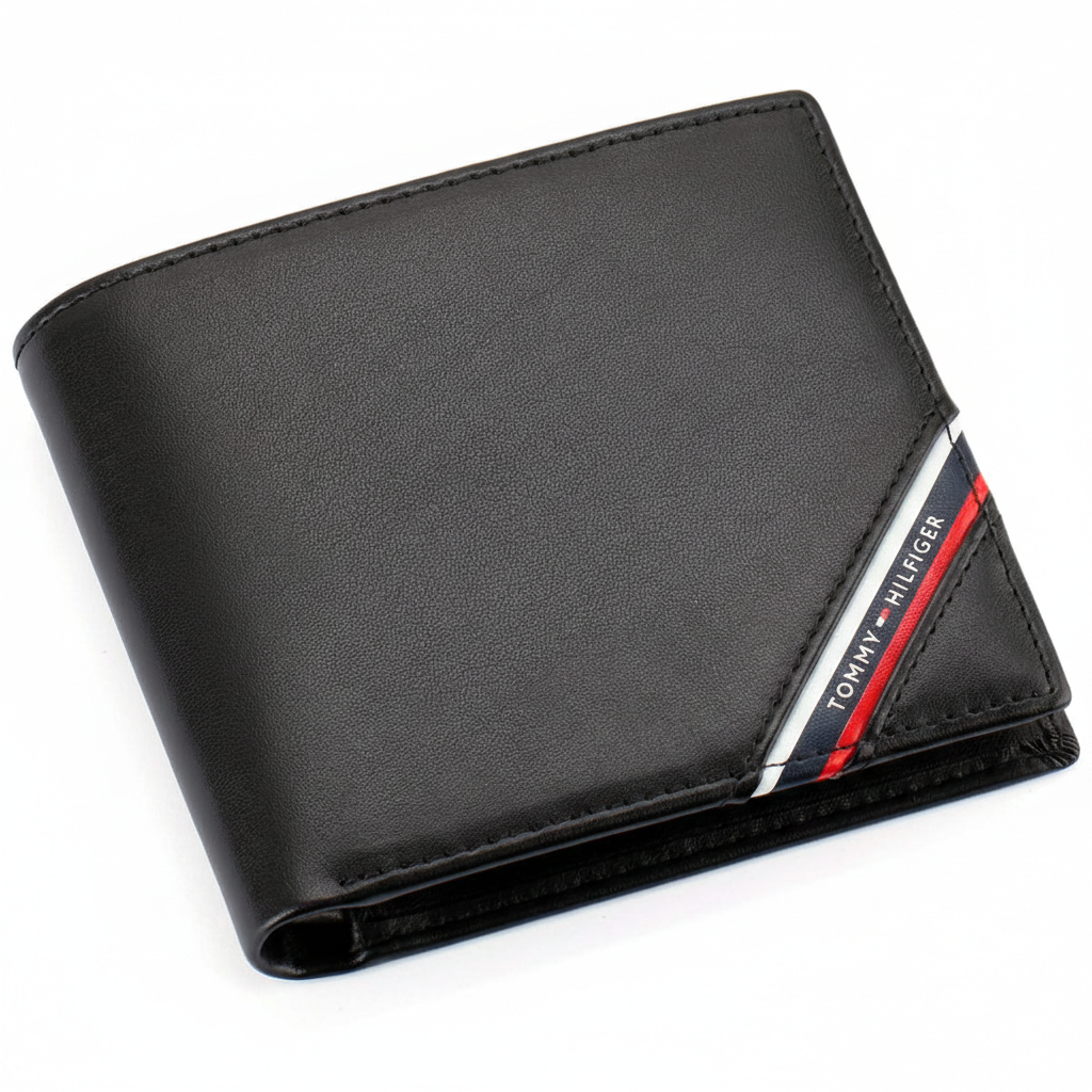 Authentic Tommy Hilfiger men's bifold wallet crafted from premium black leather featuring the iconic diagonal stripe flag logo and sleek smooth finish