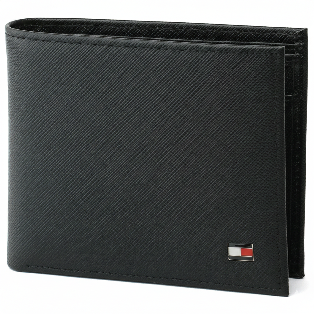 Professional studio shot of the Tommy Hilfiger men's black Saffiano leather bifold wallet featuring classic metal flag branding