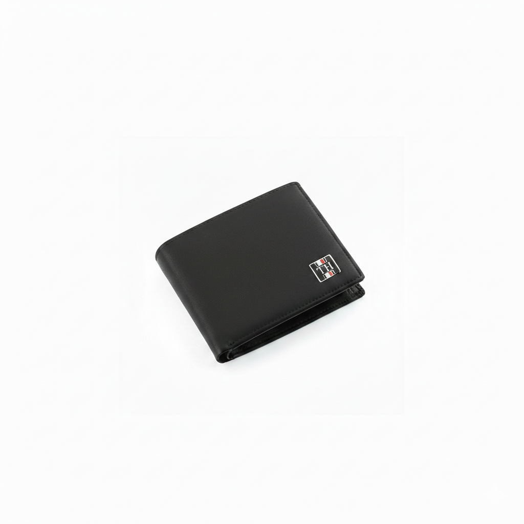 Professional studio shot of the Tommy Hilfiger men's black Saffiano leather bifold wallet featuring classic metal flag branding