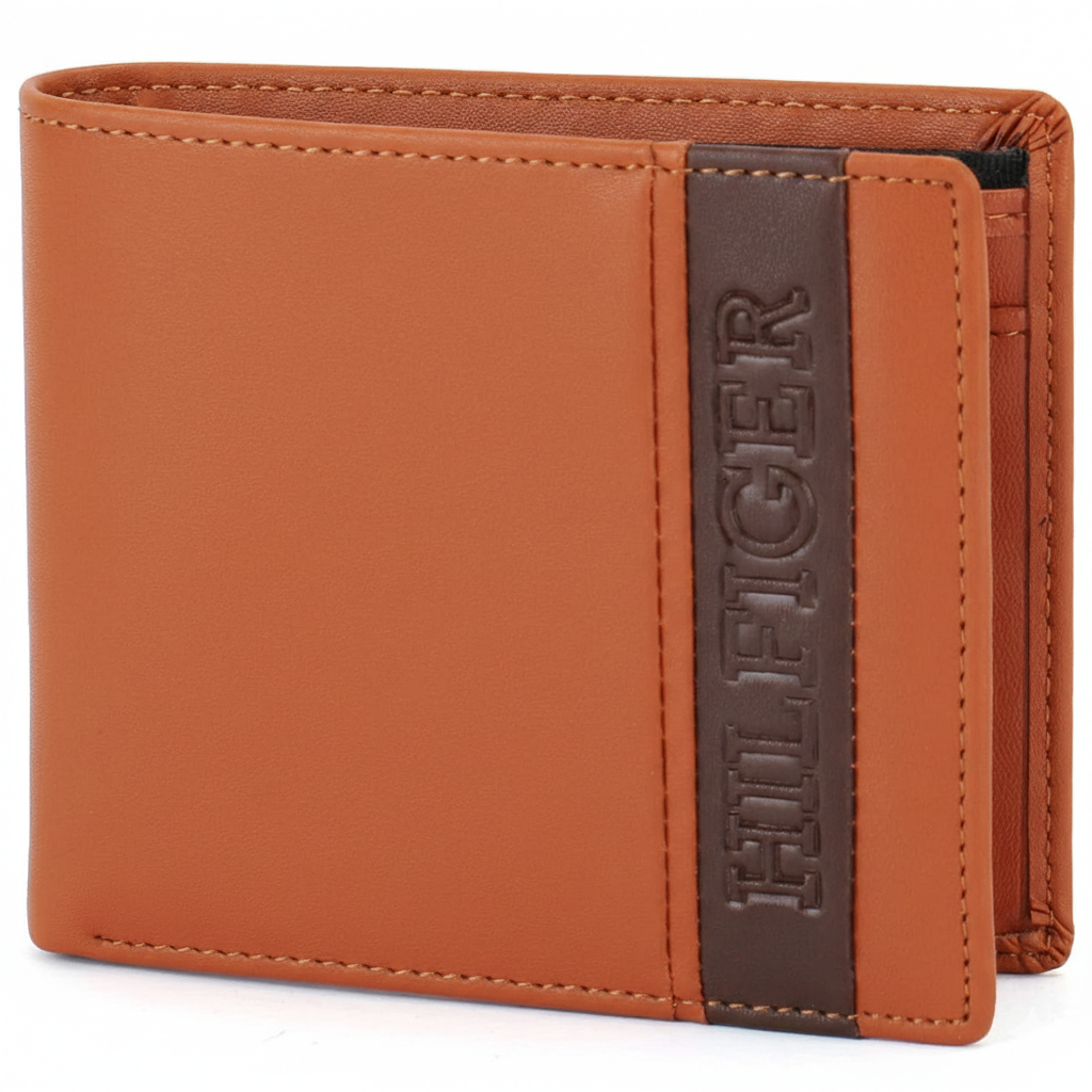 Front view of an authentic Tommy Hilfiger camel leather wallet featuring a bold brown vertical stripe with embossed brand name