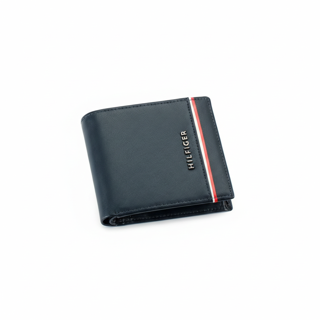 Front view of an authentic Tommy Hilfiger navy leather wallet featuring a stylish vertical signature stripe with embossed brand name and metal flag emblem