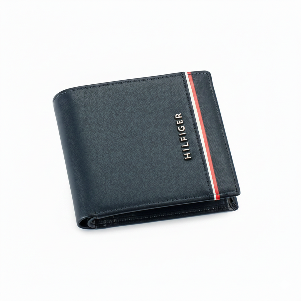 Front view of an authentic Tommy Hilfiger navy leather wallet featuring a stylish vertical signature stripe with embossed brand name and metal flag emblem