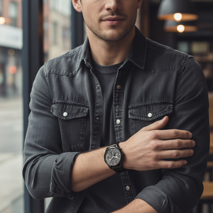 Man wearing luxurious all-black Tommy Hilfiger Baker 1710452 watch with leather strap