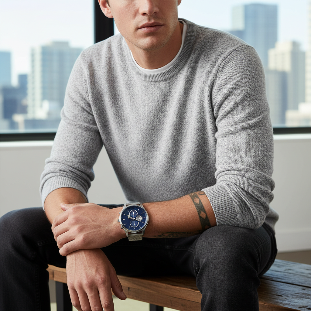 Man wearing elegant Tommy Hilfiger Baker 1710504 watch with silver mesh bracelet