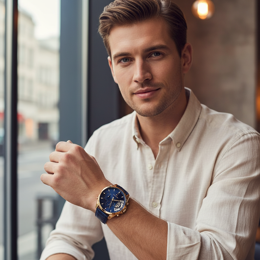 Man wearing luxurious Tommy Hilfiger Baker 1791451 watch with navy leather strap