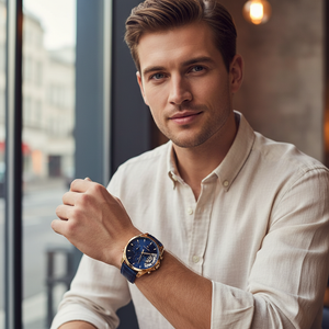 Man wearing luxurious Tommy Hilfiger Baker 1791451 watch with navy leather strap