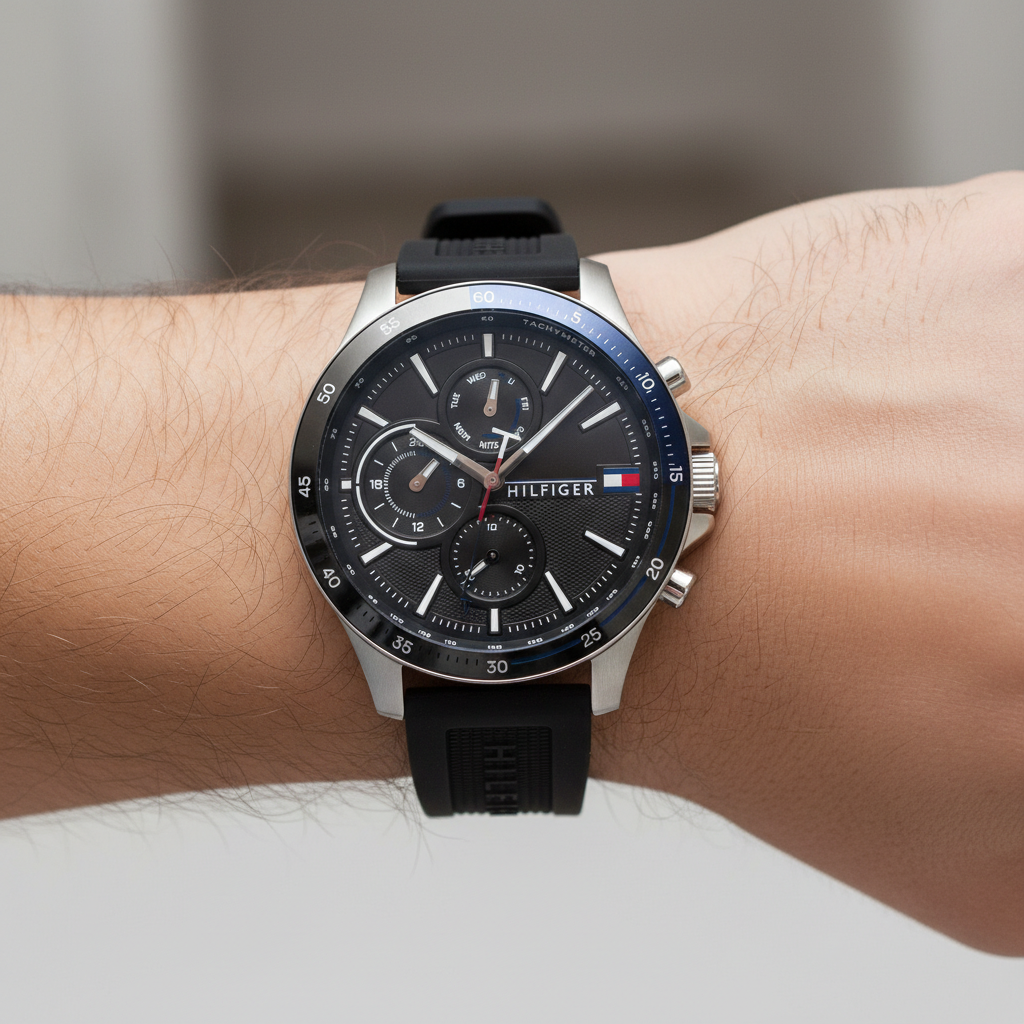 Close up of black dial and multi-function sub-dials of Tommy Hilfiger 1791724