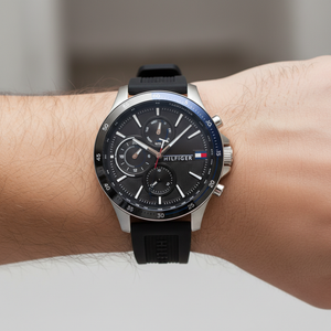 Close up of black dial and multi-function sub-dials of Tommy Hilfiger 1791724