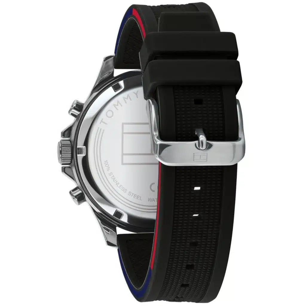 Profile view of Tommy Hilfiger Bank showing case thickness and black rubber strap