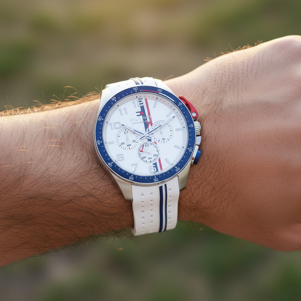 Close up of white dial and global stripe chronograph sub-dials of Tommy Hilfiger 1792167