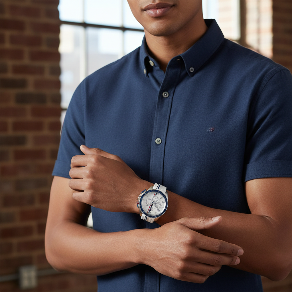 Man wearing sporty Tommy Hilfiger Bank 1792167 watch with white rubber strap
