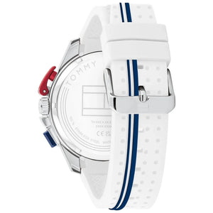Profile view of Tommy Hilfiger Bank showing case thickness and white rubber strap