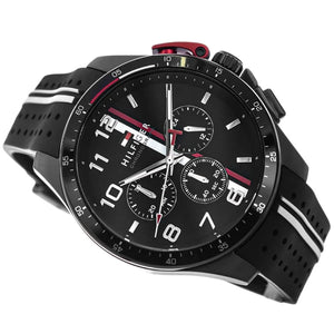 Angled shot highlighting the black rubber strap with stripes on Tommy Hilfiger 1792168