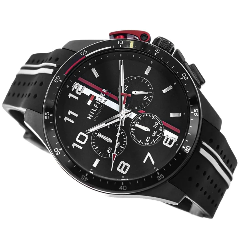 Angled shot highlighting the black rubber strap with stripes on Tommy Hilfiger 1792168