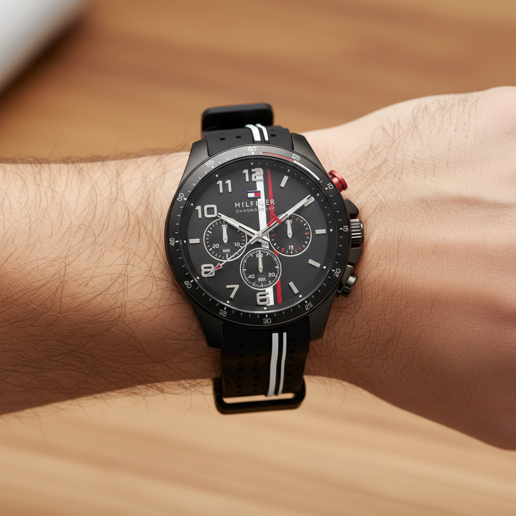 Close up of black dial and global stripe chronograph sub-dials of Tommy Hilfiger 1792168