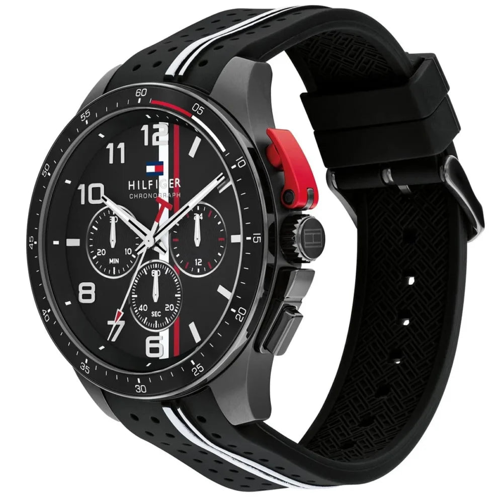 Right side view of Tommy Hilfiger 1792168 showing black ion-plated case and buttons