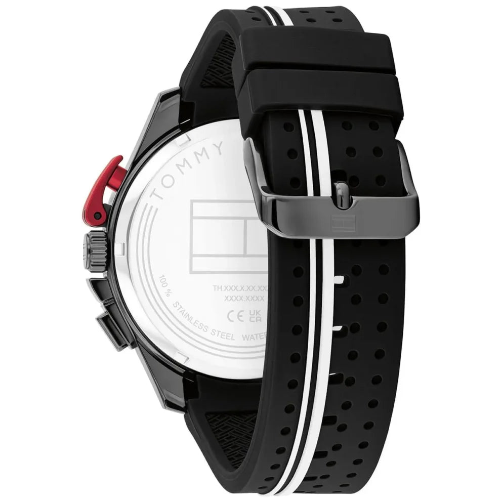 Profile view of Tommy Hilfiger Bank showing case thickness and black rubber strap
