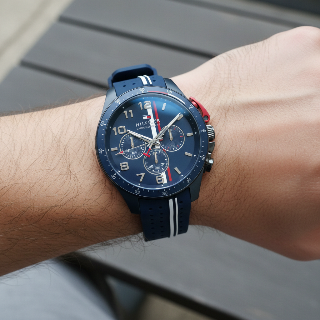 Close up of navy blue dial and global stripe chronograph sub-dials of Tommy Hilfiger 1792169