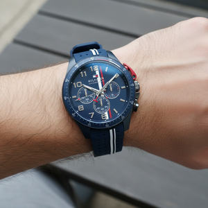 Close up of navy blue dial and global stripe chronograph sub-dials of Tommy Hilfiger 1792169