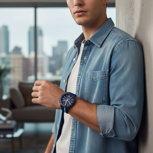 Man wearing sporty Tommy Hilfiger Bank 1792169 watch with blue rubber strap