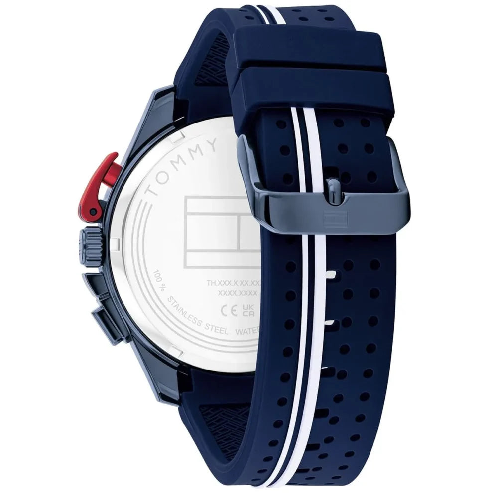 Profile view of Tommy Hilfiger Bank showing case thickness and navy blue rubber strap