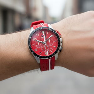 Close up of vibrant red dial and global stripe chronograph sub-dials of Tommy Hilfiger 1792170
