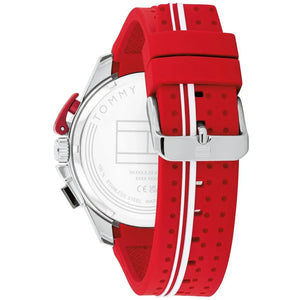 Profile view of Tommy Hilfiger Bank showing case thickness and red rubber strap