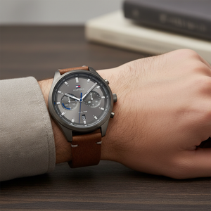 Close up of gray dial and dual-time sub-dials of Tommy Hilfiger 1791730