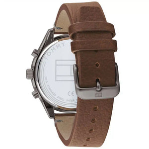 Profile view of Tommy Hilfiger Bennett showing case thickness and brown leather strap