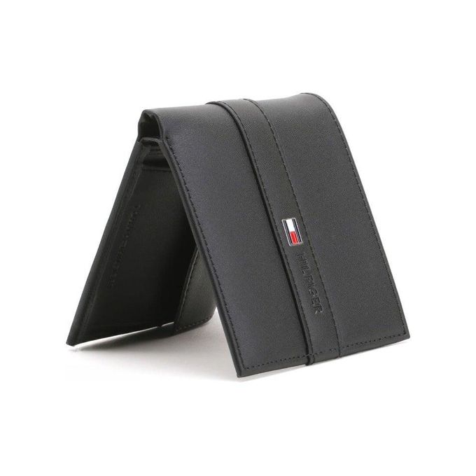 Tommy Hilfiger Wallet standing open showing black leather texture