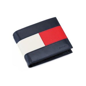 Collage view of Tommy Hilfiger Big Flag Wallet Navy, showing front hero shot, flat-lay view, and angled back view