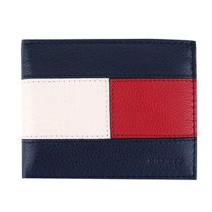 Collage view of Tommy Hilfiger Big Flag Wallet Navy, showing front hero shot, flat-lay view, and angled back view