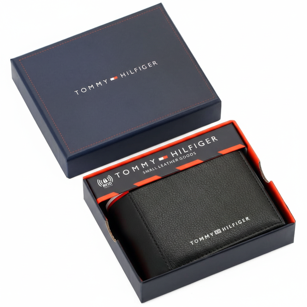 Front view of Tommy Hilfiger Black Pebbled Leather Wallet featuring smooth vertical strip and silver logo text