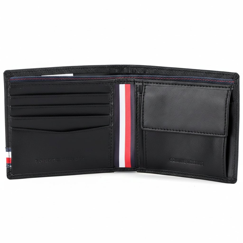 An open view of the Tommy Hilfiger black leather bifold wallet showcasing the spacious bill compartment and internal designer branding
