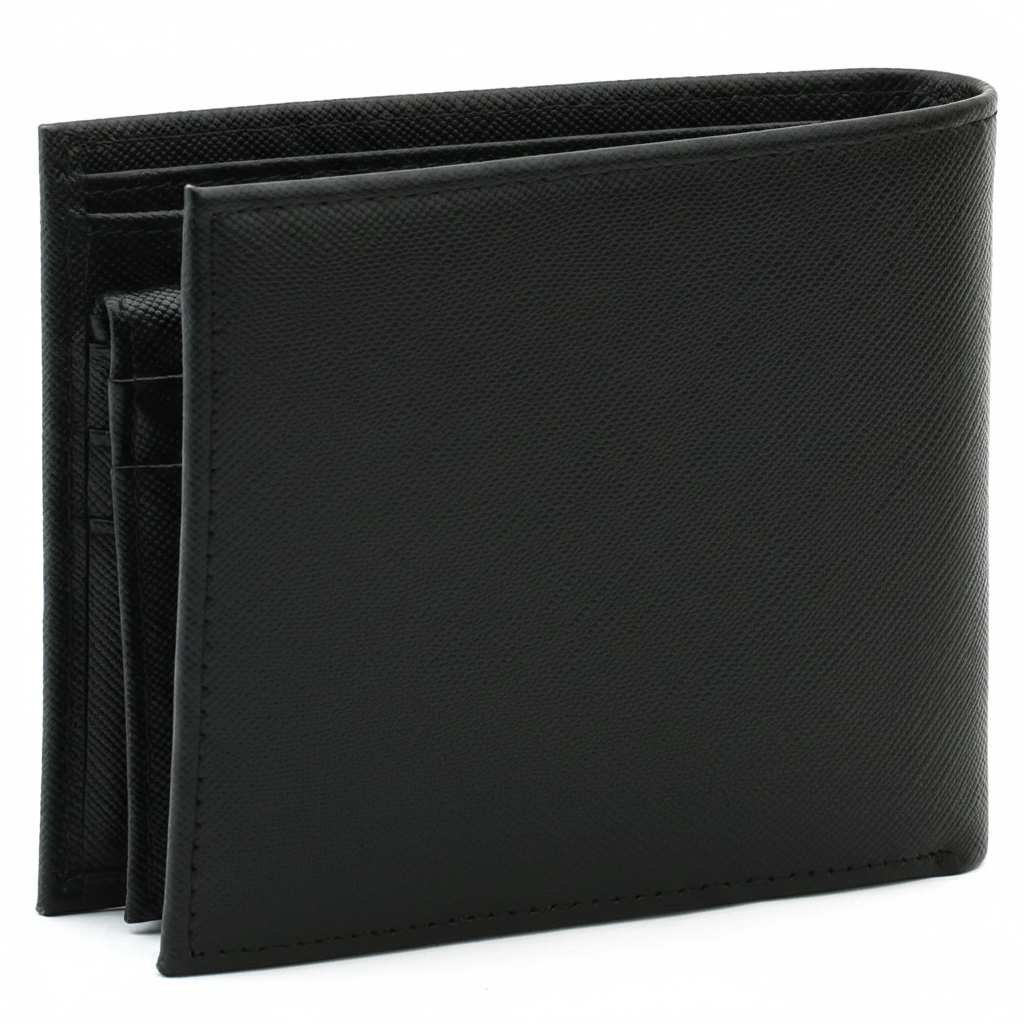 Side view of a standing Tommy Hilfiger black leather bifold wallet showcasing its slim profile and premium build quality