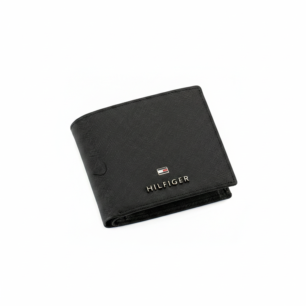 Perspective view of a partially open Tommy Hilfiger men's black genuine leather bifold wallet, highlighting the smooth texture and metal flag logo.