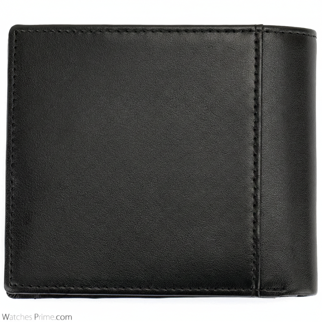 Rear view of the Tommy Hilfiger black genuine leather wallet highlighting the smooth texture and high-quality vertical accent stitching