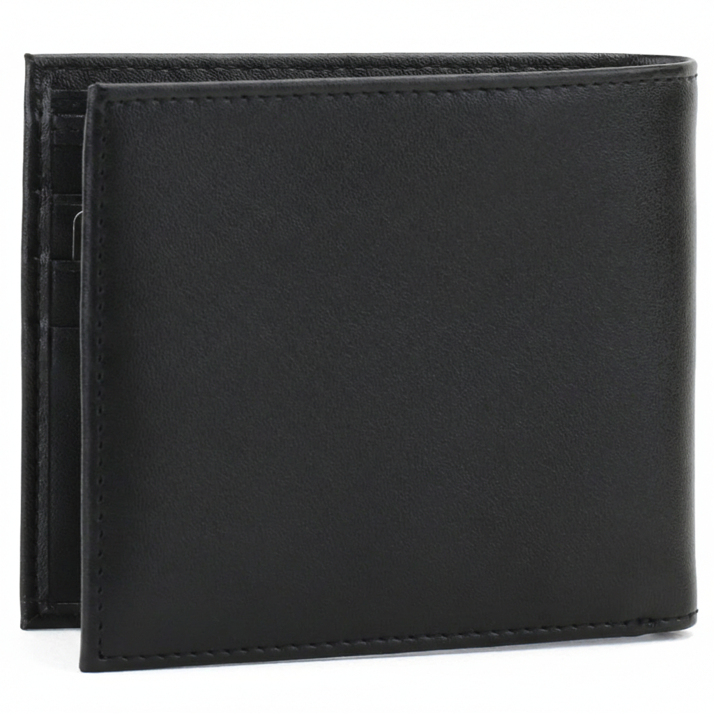 Rear view of a closed Tommy Hilfiger men's black genuine leather bifold wallet highlighting the smooth premium finish and clean edge stitching