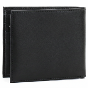 Rear view of a closed Tommy Hilfiger men's black genuine leather bifold wallet highlighting the smooth premium finish and clean edge stitching