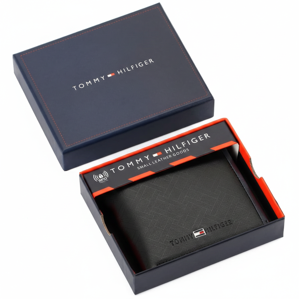 Tommy Hilfiger wallet in an open box on a white background