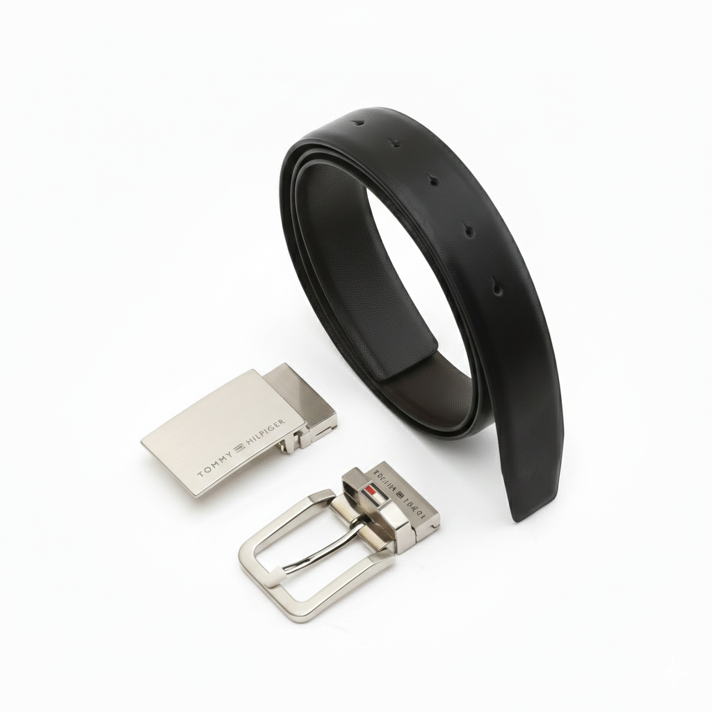 Full perspective view of the Tommy Hilfiger men's black leather belt with its two stylish interchangeable buckles, perfect for casual and formal wear