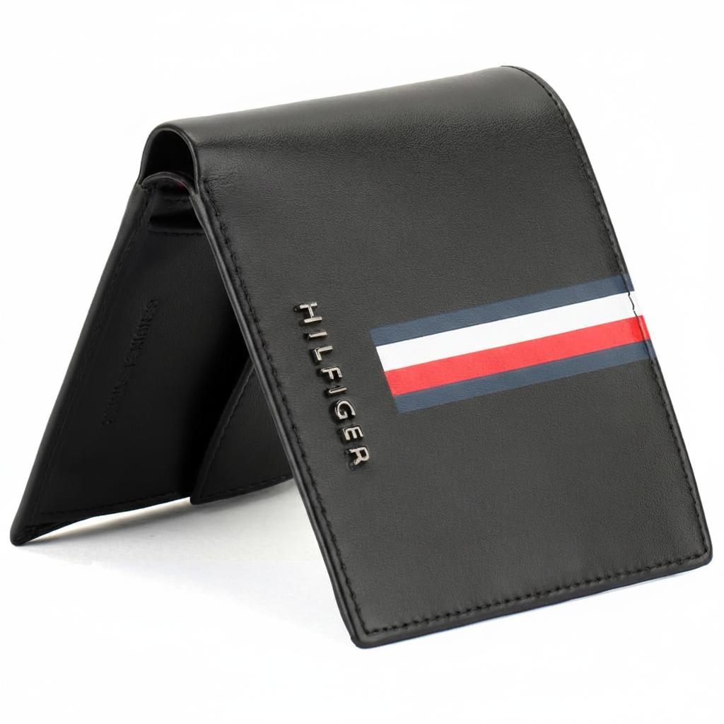 Standing view of Tommy Hilfiger black leather wallet featuring a horizontal tricolor signature stripe and silver metal logo on the front