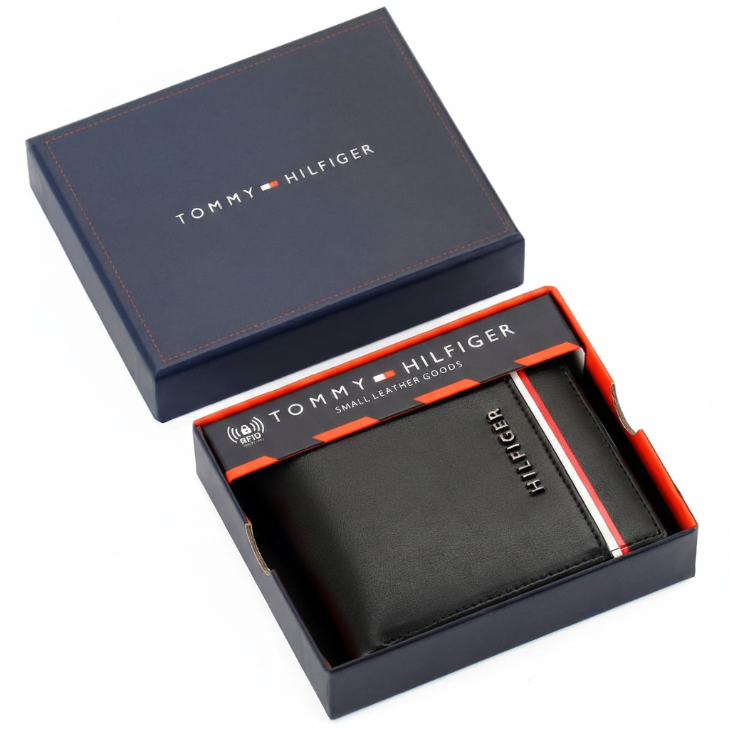 Tommy Hilfiger men's black leather wallet with a horizontal red and white signature stripe, presented in its original navy blue gift box