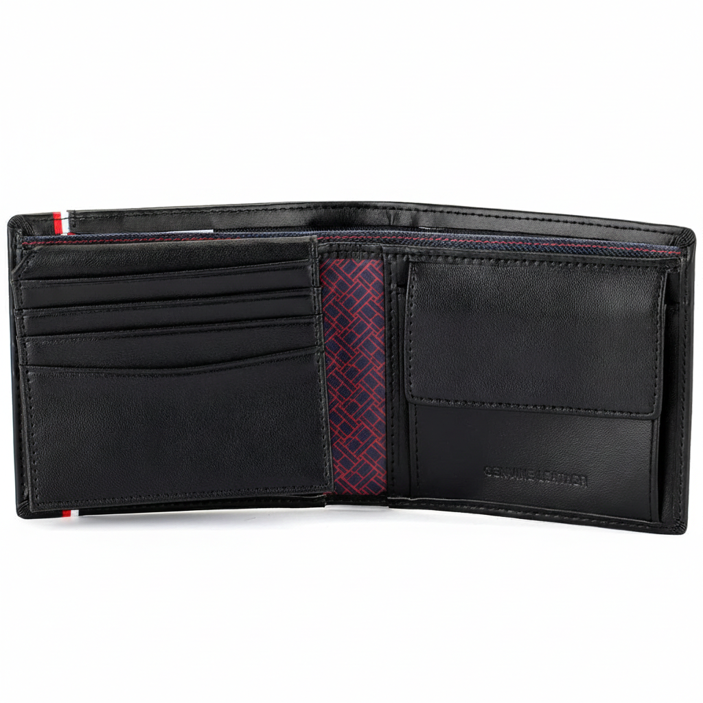 Interior view of a Tommy Hilfiger black leather wallet showing card slots, a coin compartment, and branded signature interior lining