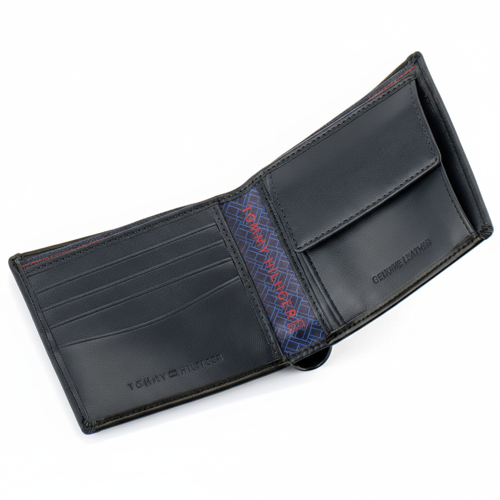 Interior view of a Tommy Hilfiger black leather wallet showing a snap-button coin pocket and signature branded interior lining