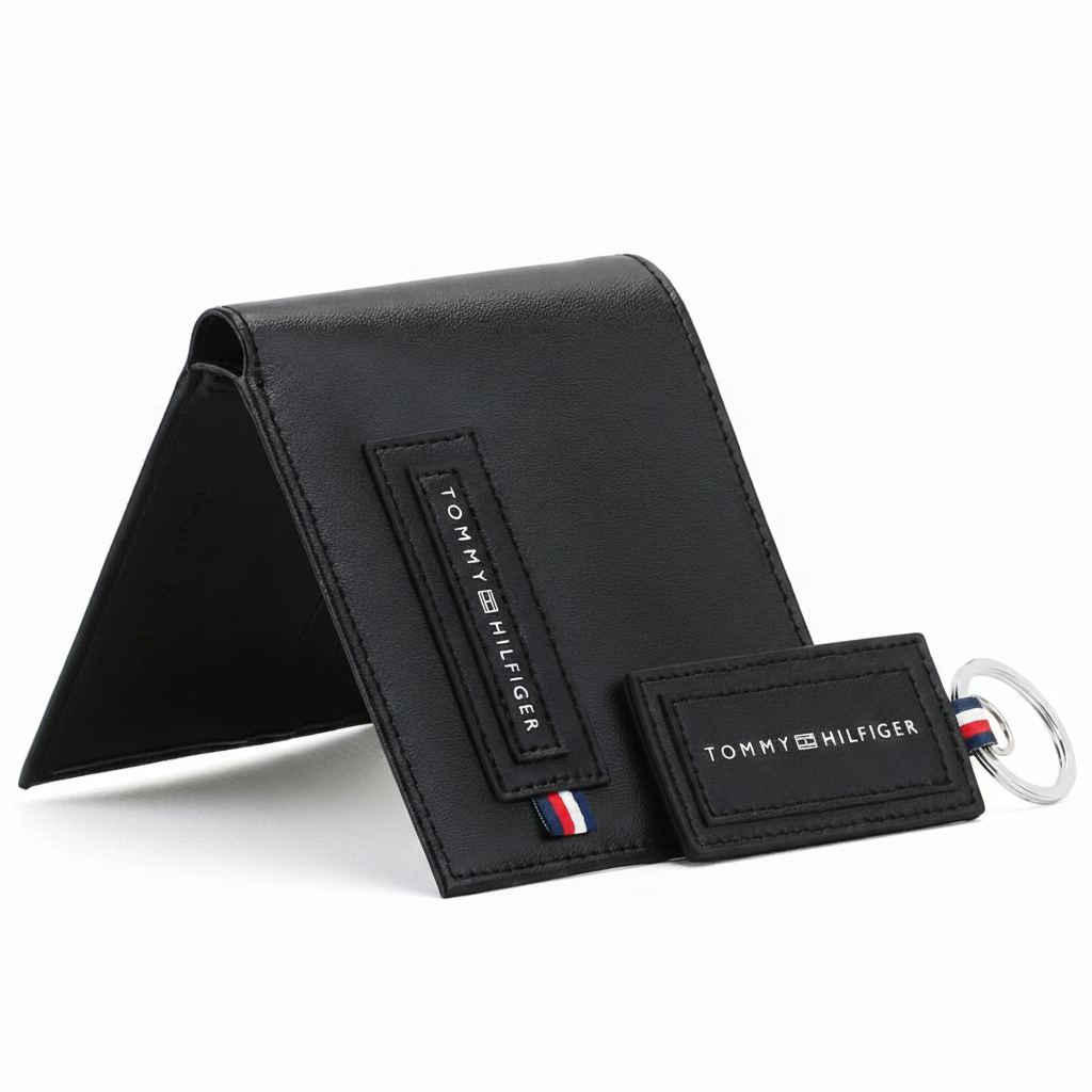 Perspective view of a standing Tommy Hilfiger men's black leather wallet featuring a stitched front logo patch, displayed next to a matching leather keychain